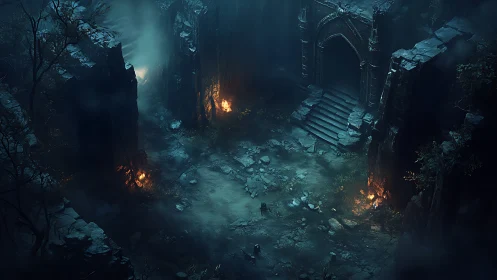 Mysterious ruined gateway glows softly in a foggy forest hollow