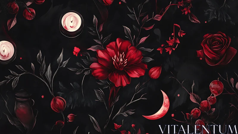 Dark Floral Nocturne: Red Blooms Against Black with Luminous Celestial Elements