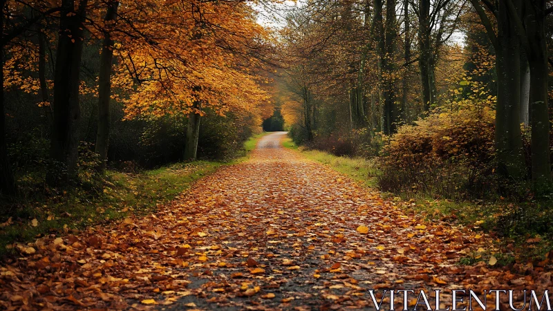 Forest path covered with autumn leaves through tree corridor