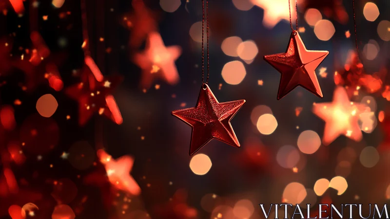 Crimson star ornaments glow against dreamy festive bokeh.