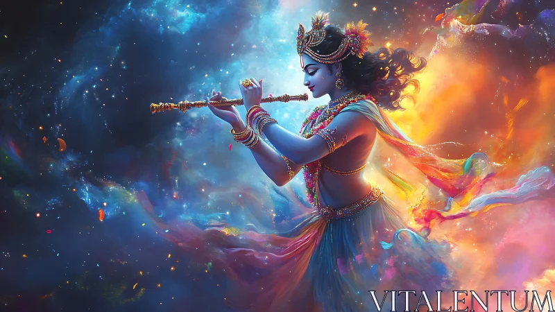 Cosmic flute performer amid nebular chromatic turbulence.