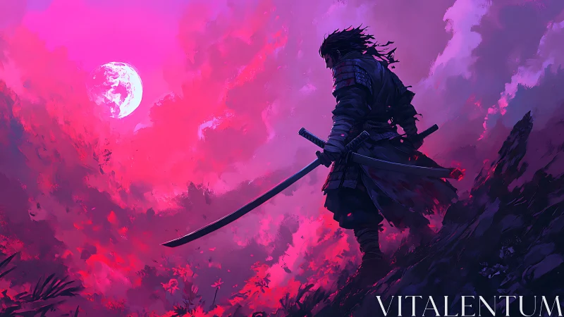 Samurai silhouette on ridge under vivid magenta moonlit sky.
