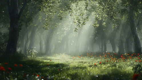 Sunlit Forest Path with Red Poppies.
