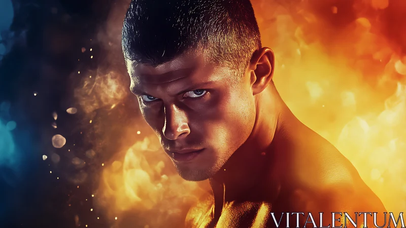 Intense male portrait framed by dramatic fire and smoke.