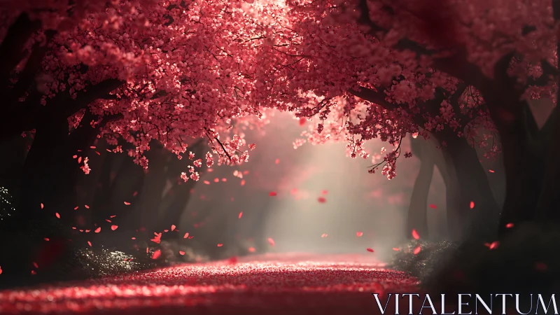 Cherry blossom tunnel frames a softly lit central pathway