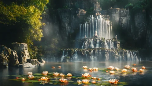 Mystic tiered waterfall with glowing lotus blossom pool
