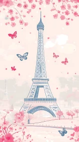 Eiffel Tower line illustration amid pink cherry blossoms.