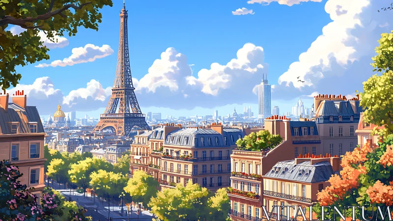 Paris rooftop skyline under clear blue summer light.