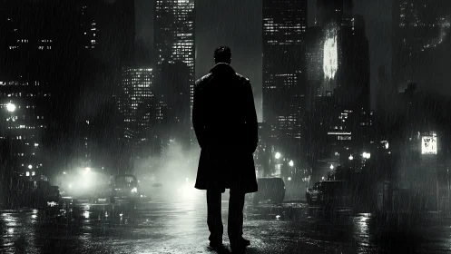 Silhouetted figure on wet street in rain soaked city at night.