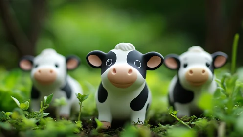 Toy cow trio explores a tiny jungle of bright green leaves.