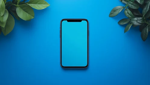 Smartphone mockup on blue surface with botanical elements