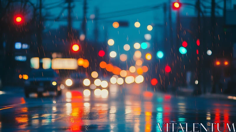 Rainy urban street with traffic lights and blurred vehicles.