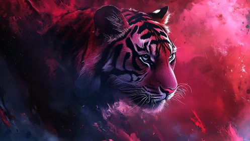 Neon tiger portrait emerges through radiant crimson haze