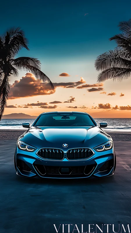 Sunset trophy coupe idling between laid‑back palm sentries.