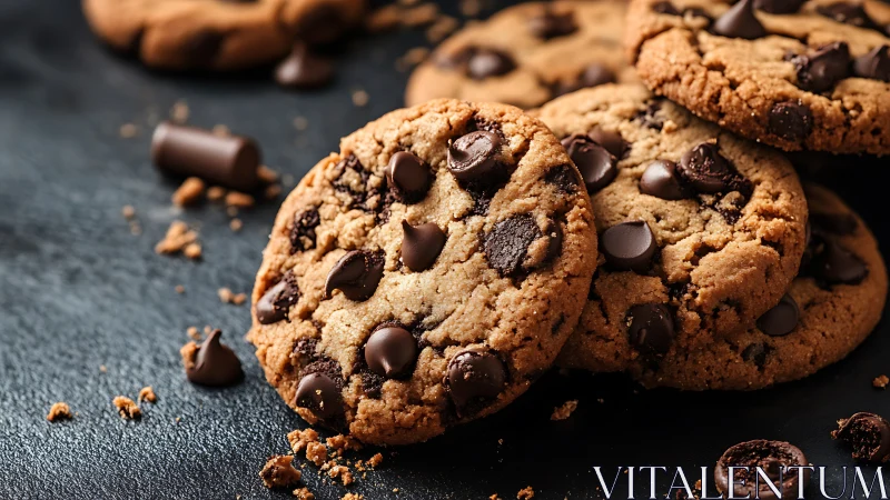 Warm chocolate chip cookies on dark textured surface.