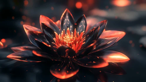 Glowing lotus blooms like molten ember on dark reflective water