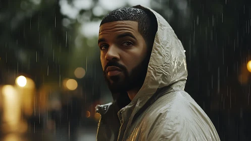 Hooded man in rain under city lights at dusk
