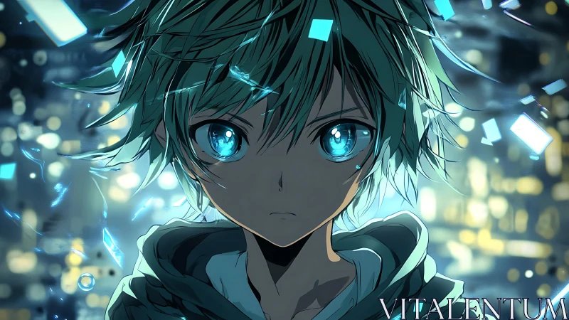 Blue eyed anime boy in glowing city with digital shards.