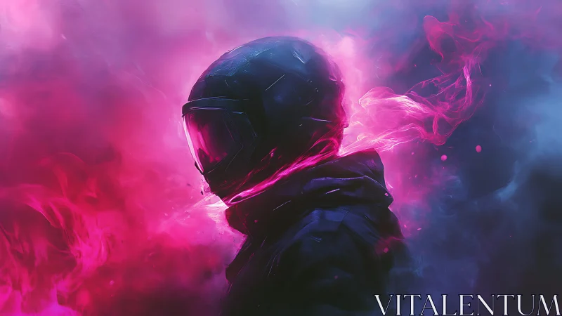 Neon-clad space rider dissolves into magenta vapor stream
