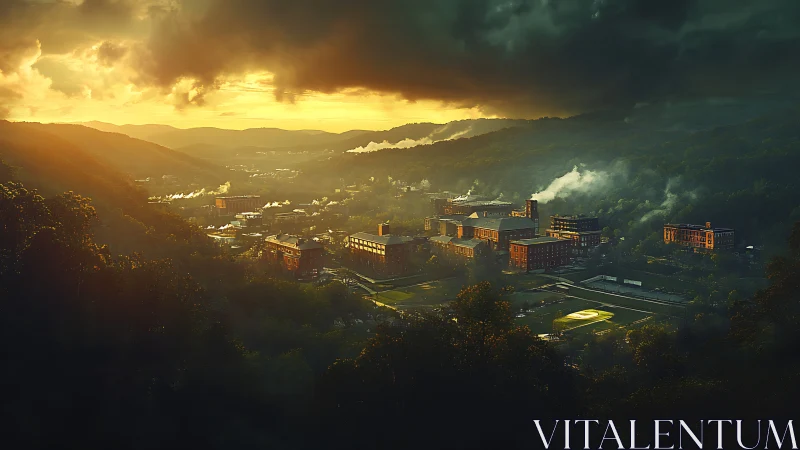 Industrial valley complex at sunset with atmospheric fog layers
