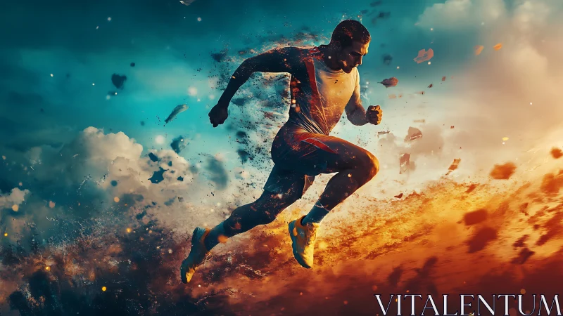 Male runner sprints through cinematic explosion of dust and light