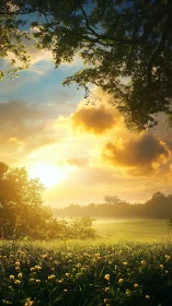 Golden meadow sunrise under silhouetted oak canopy.