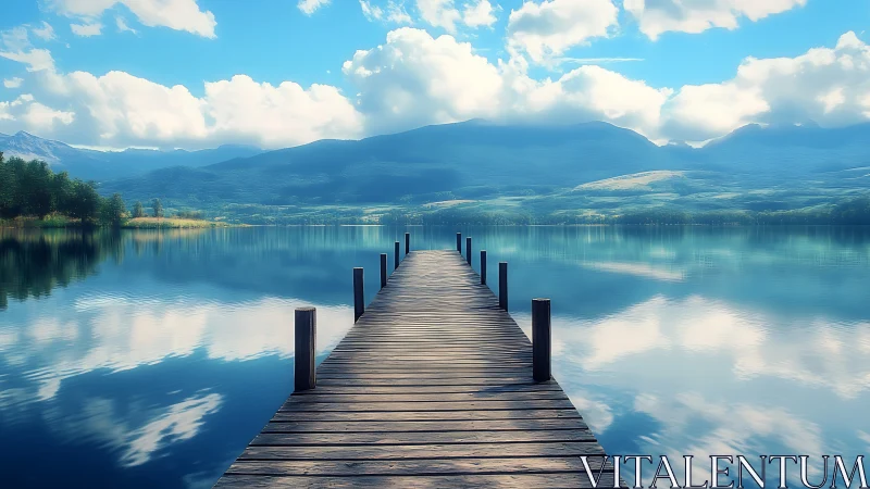Tranquil wooden pier stretches over glassy mountain lake.