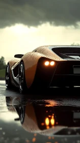 Orange hypercar rear view on wet track with moody clouds.
