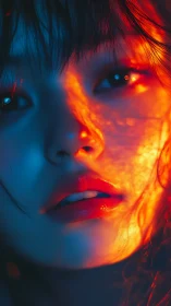 Close portrait of face in contrasting blue and orange light.