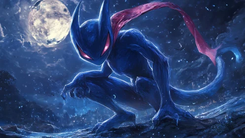 Nocturnal blue creature crouches beneath luminous full moon.