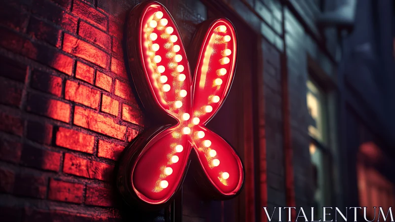 Neon butterfly marquee glows along a moody brick alley.
