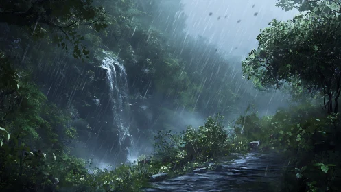 Misty Forest Waterfall in Soft, Rainy Mountain Solitude