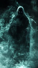 Shrouded spirit rises from swirling teal mist with eerie grace