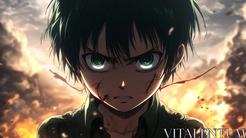 Defiant anime warrior stands against blazing battlefield chaos