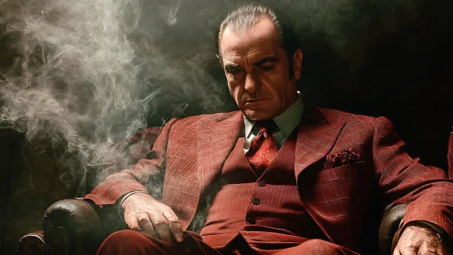 Smoky quiet moment with a stern man in a red suit.