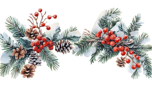 Watercolor fir branches with pinecones and red berries border.