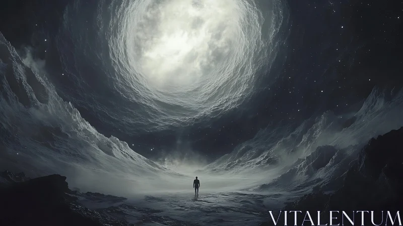 A lone wanderer stands beneath a swirling cosmic sky portal