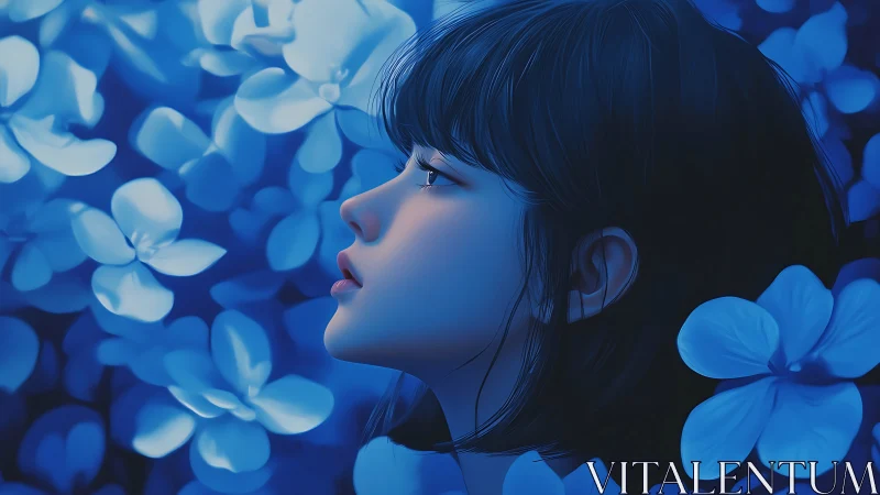 Moonlit thoughts drift as blue petals quietly surround her