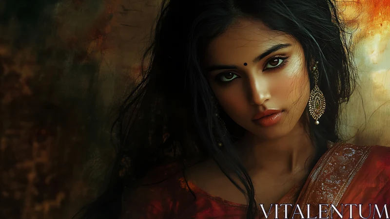 Digital portrait of woman in sari with cinematic warm lighting