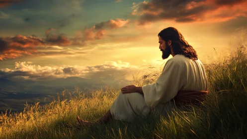 Serene robed man sitting on hillside at warm sunset sky