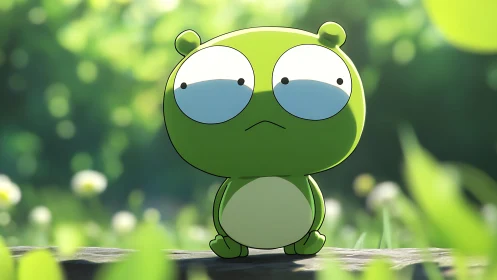 Green cartoon frog stands on mossy rock in soft sunlight