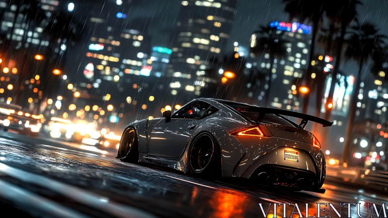 Aerodynamic street racer in neon drenched nocturnal downpour.