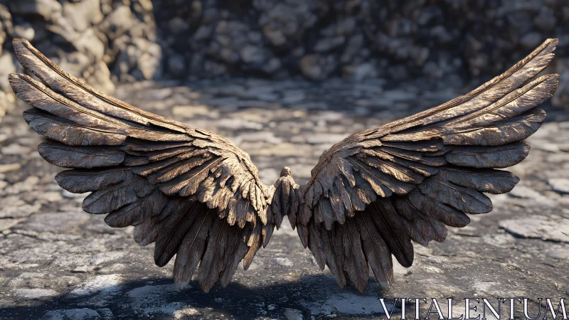 Realistic Wooden Angel Wings Sculpture on Rocky Ground.