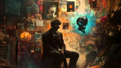 Solitary seated figure positioned before dense abstract collage