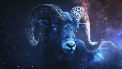 Celestial ram emerges in glowing blue cosmic nebula.
