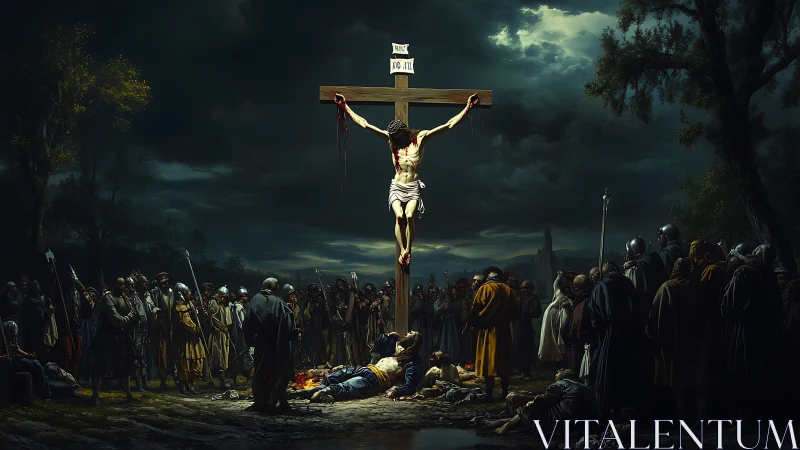 Crucifixion scene with central cross amid gathered crowd.