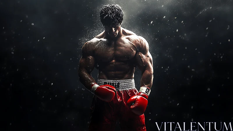 Muscular Boxer in Red Gloves Amid Rain