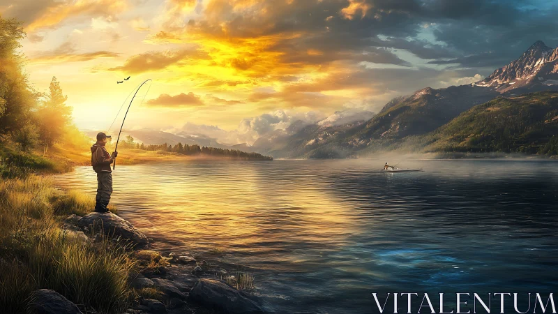 Solitary angler teases sunrise colors from a mountain lake