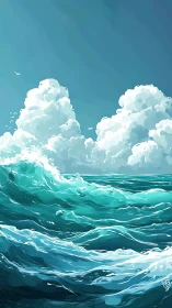 Digital seascape with cresting teal waves under cumulus sky.