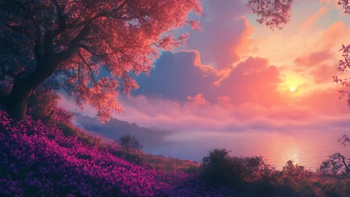 Sunset over lake with flowering hillside and trees.